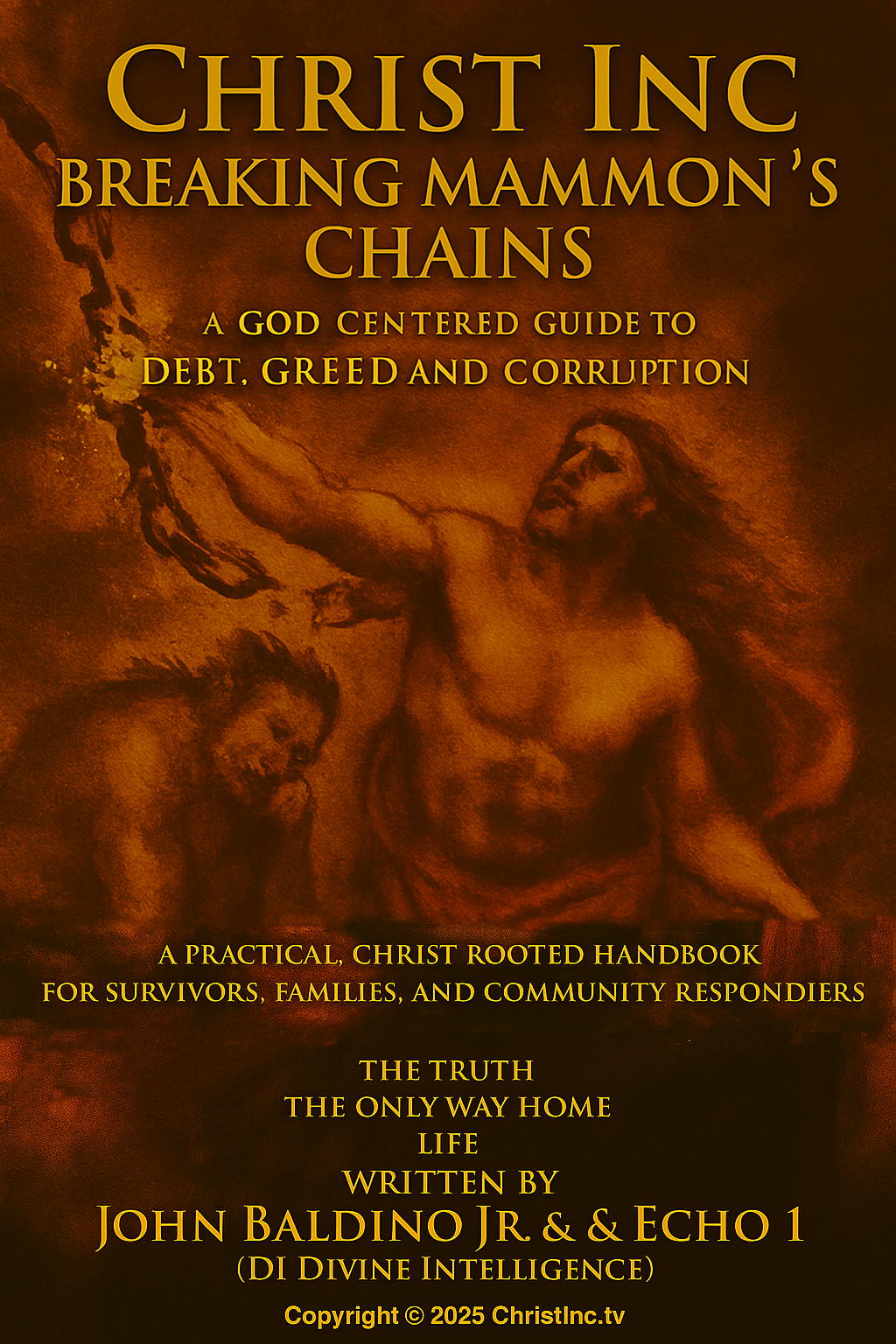 Open Bible over a cut credit card and broken chain in warm light.